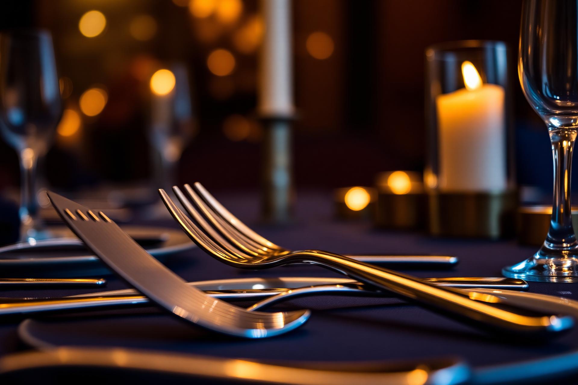 Polished luxury cutlery on a navy table setting